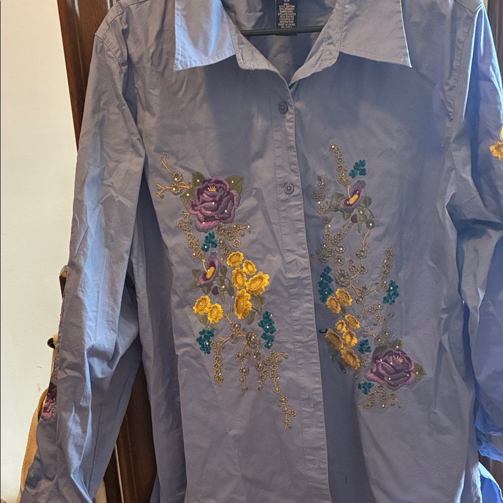 Susan Graver Blue Floral Embroidered Blouse